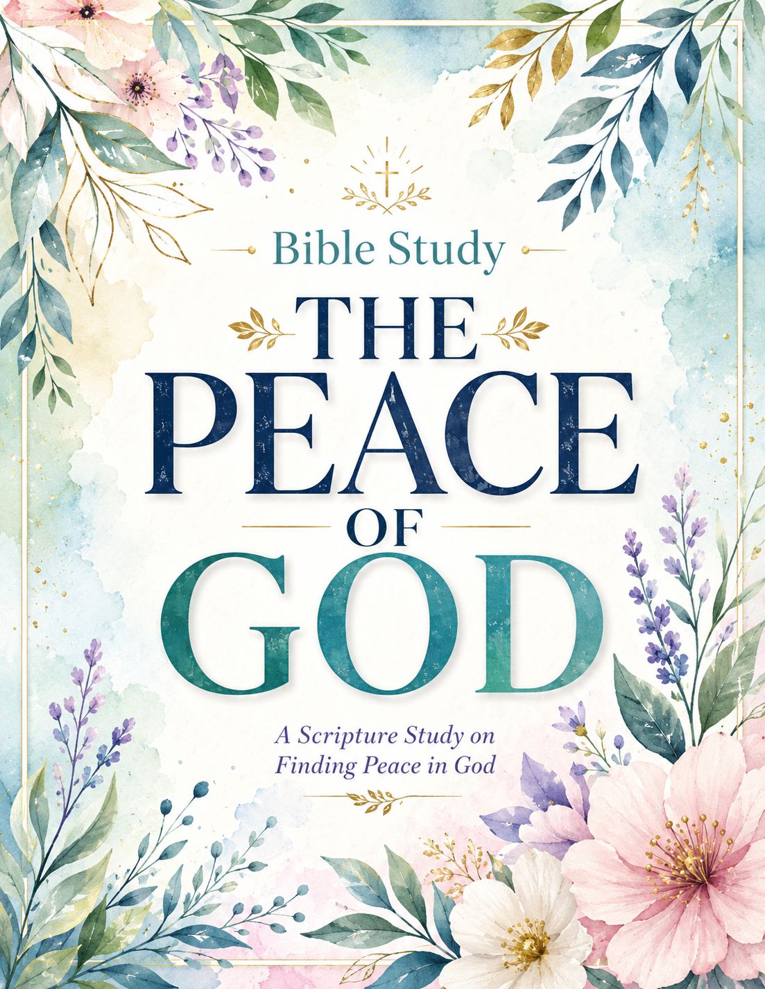 The Peace of God Bible Study printable cover page with colorful watercolor flowers, botanical leaves, elegant Christian desig