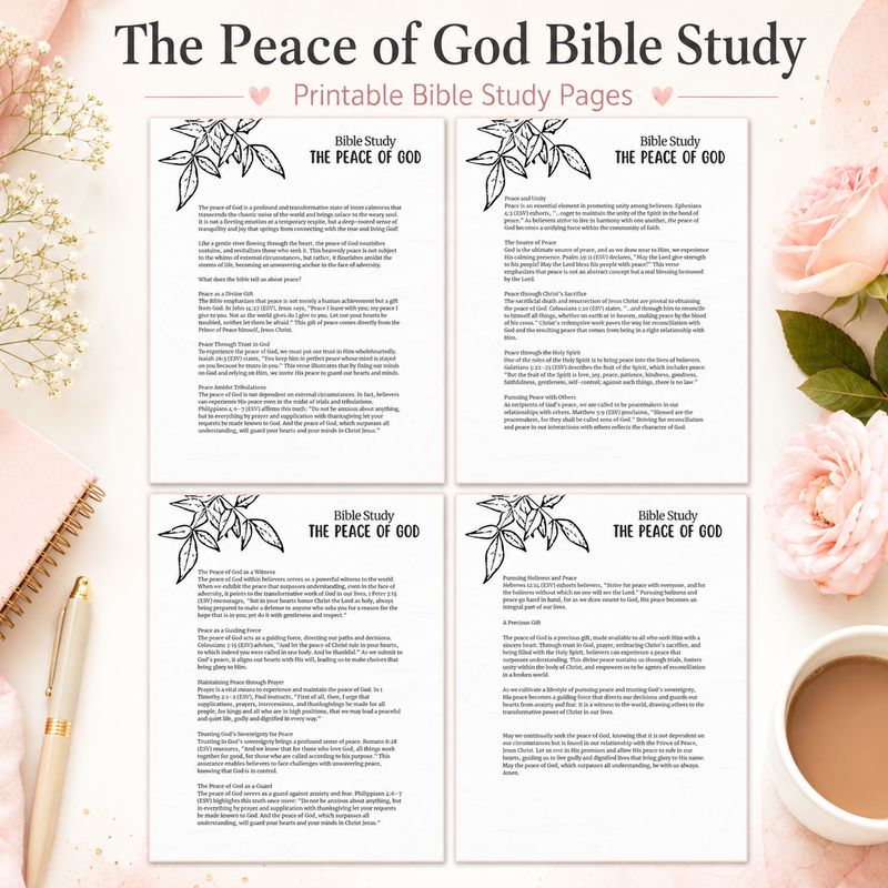 The Peace of God Bible Study printable pages collage featuring Scripture-based lesson pages with Bible verses, Christian teac