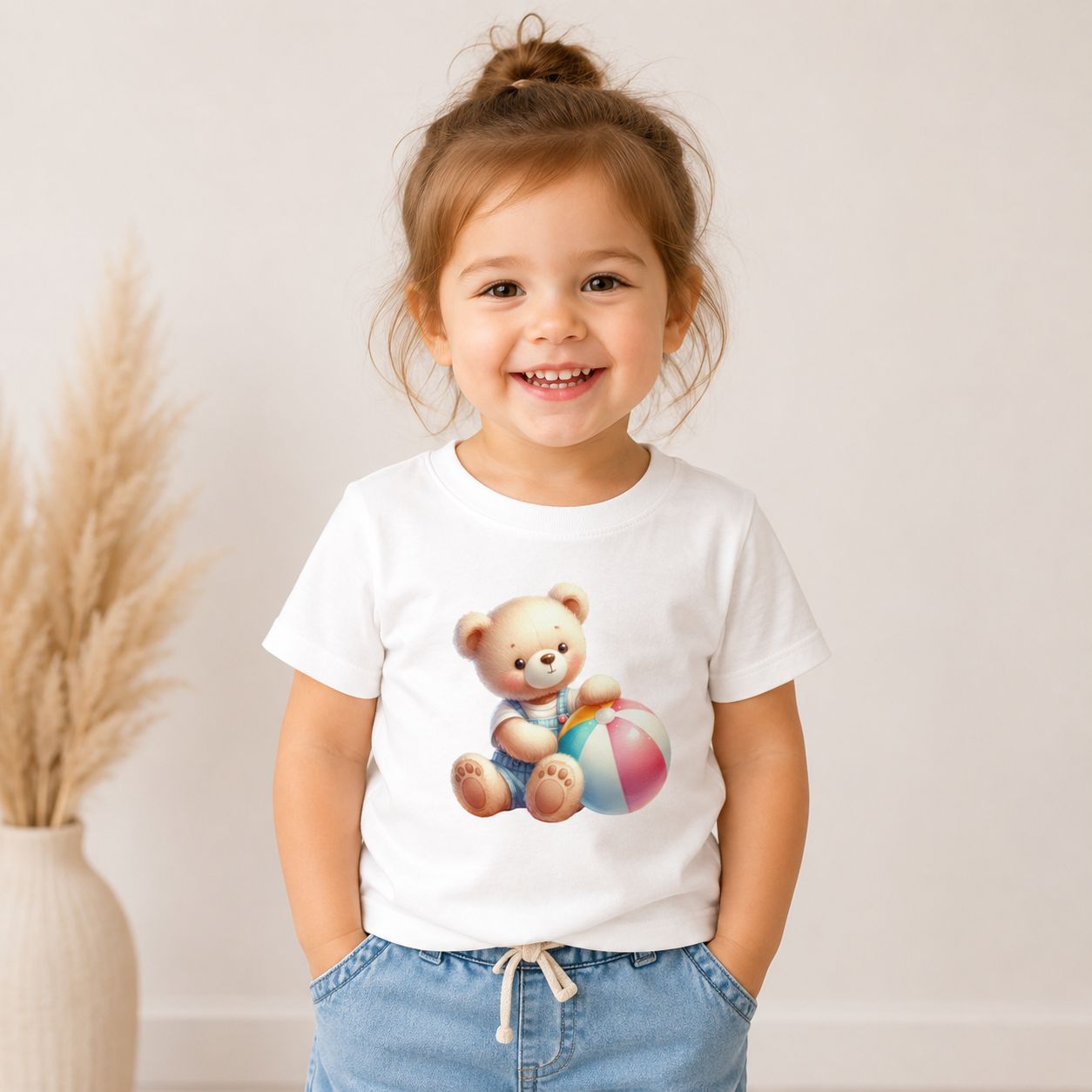 Smiling toddler girl wearing a white teddy bear T-shirt with a colorful beach ball design and light blue denim shorts