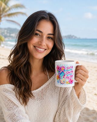 Smiling woman holding a colorful flip-flop coffee mug on a sunny tropical beach featuring the quote, “Don’t Make Me Slap You 
