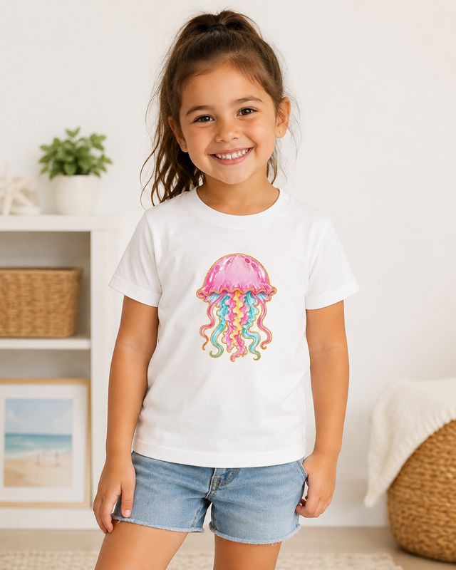 Toddler girl modeling a white short-sleeve T-shirt featuring a bright pink and turquoise jellyfish design.
