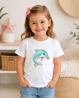 Smiling young girl wearing a white toddler T-shirt with a colorful watercolor dolphin graphic and blue jeans.