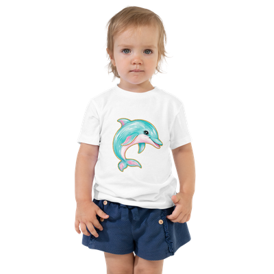Toddler modeling a white short-sleeve T-shirt with a colorful watercolor dolphin design and navy shorts.