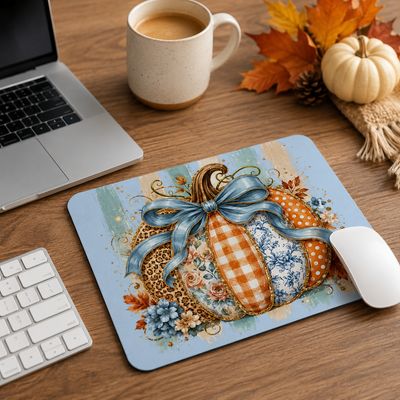 Decorative autumn pumpkin mouse pad beside a laptop, keyboard, coffee mug, fall leaves, and small white pumpkin on a wooden d