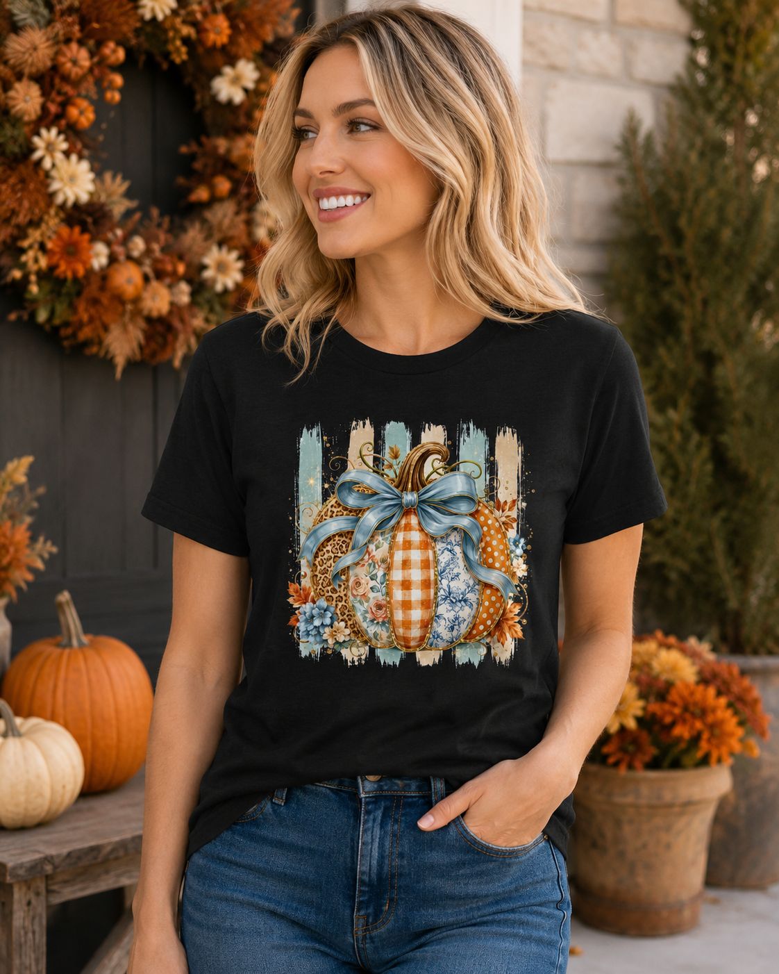 Woman wearing a black fall pumpkin graphic T-shirt with blue bow, floral, gingham, leopard, and toile patterns.