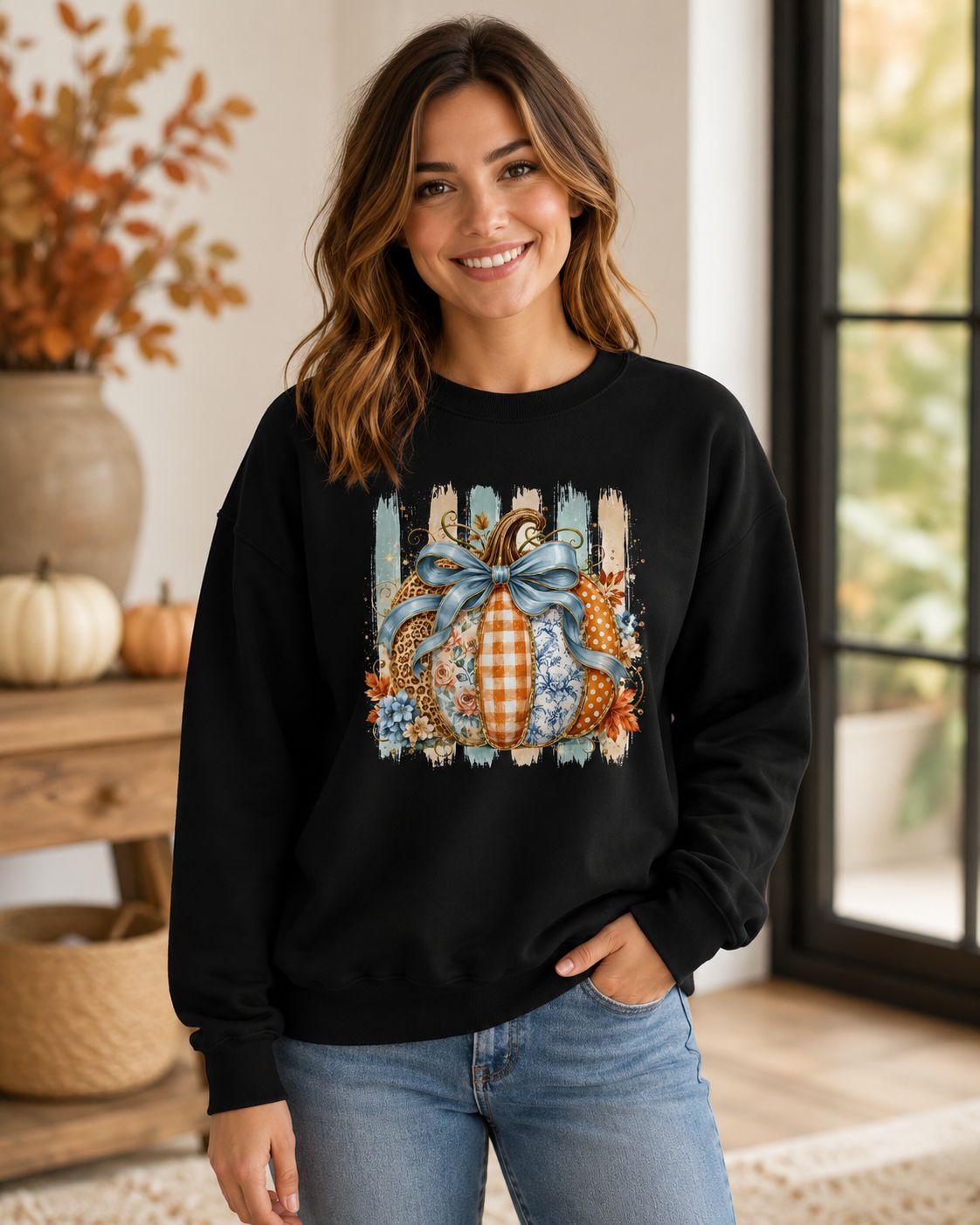 Patchwork Pumpkin Sweatshirt with Blue Bow – Women’s Fall Crewneck