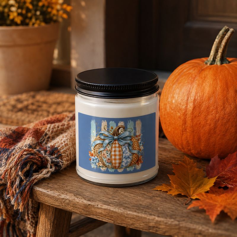 Patchwork pumpkin soy candle with black lid beside an orange pumpkin, autumn leaves, and a cozy plaid throw