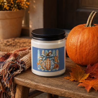 Patchwork pumpkin soy candle with black lid beside an orange pumpkin, autumn leaves, and a cozy plaid throw