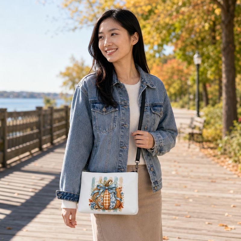 Asian woman carrying a white pumpkin crossbody bag on a scenic autumn waterfront walkway.