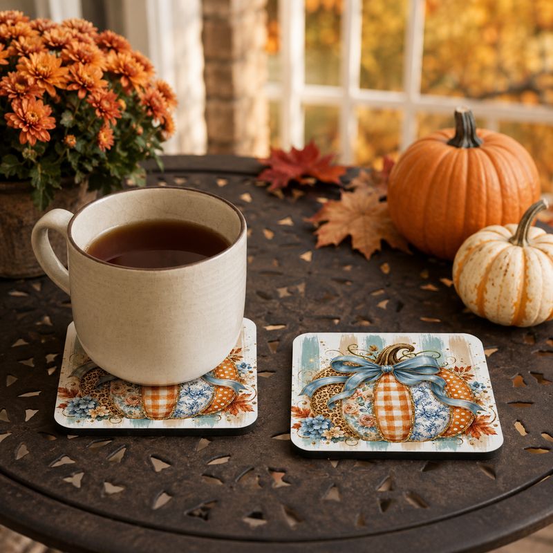 Patchwork pumpkin coaster with blue bow, coffee mug, orange mums, pumpkins, and fall leaves on a patio table.