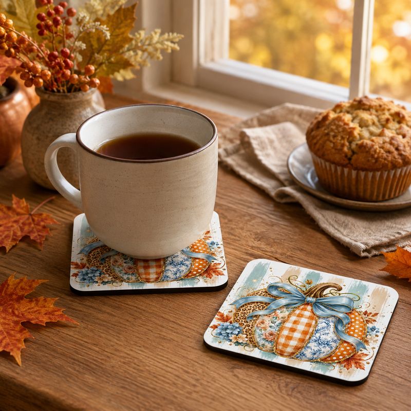 Fall pumpkin coaster with blue bow beside a coffee mug, muffin, autumn leaves, and warm window light.