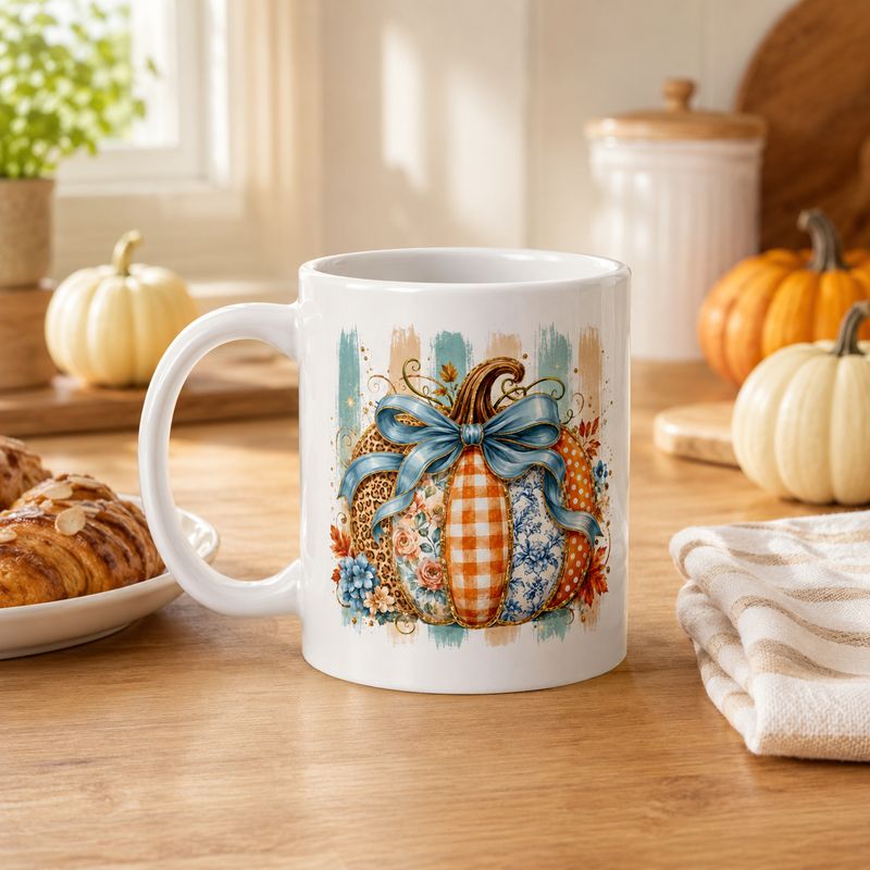Fall pumpkin coffee mug with patchwork pumpkin and blue bow displayed in a cozy autumn kitchen.