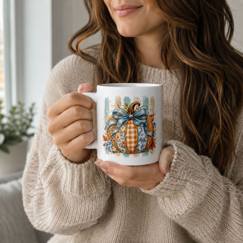 Woman in a beige sweater holding a white fall mug with a patchwork pumpkin and blue bow design.