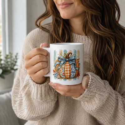 Woman in a beige sweater holding a white fall mug with a patchwork pumpkin and blue bow design.