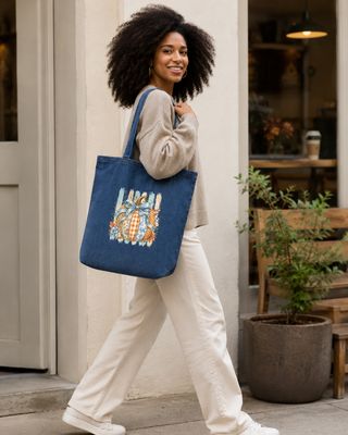 Black woman carrying a blue denim pumpkin tote bag outside a café in a neutral fall outfit.