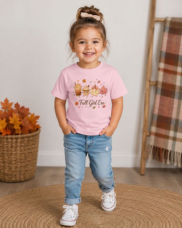 Toddler girl wearing a pink Fall Girl Era T-shirt with autumn drinks, pumpkin, leaves, and cozy fall decor.
