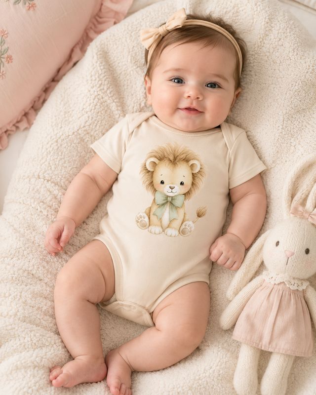 Baby girl lying on a cozy cream blanket wearing a lion baby bodysuit beside a soft pink bunny toy.