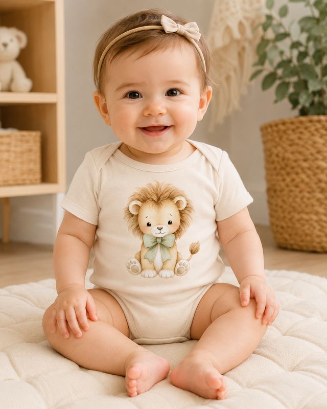 Smiling baby girl seated on a quilted mat wearing a cream lion baby bodysuit in a neutral nursery.