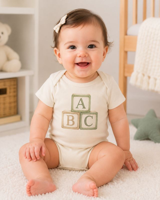 Smiling baby girl sitting in an ivory organic cotton bodysuit with a neutral ABC alphabet blocks design.