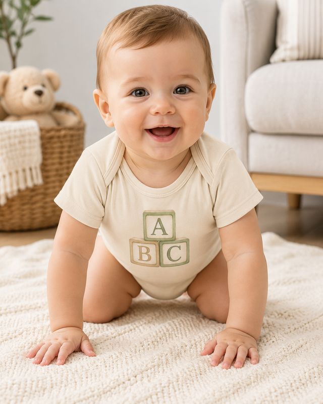 Smiling baby boy crawling on a cream blanket in an ivory organic cotton bodysuit with an ABC blocks print.