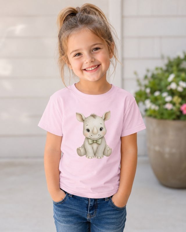 Young girl wearing a pink baby rhino T-shirt with jeans on a bright porch with flowers.