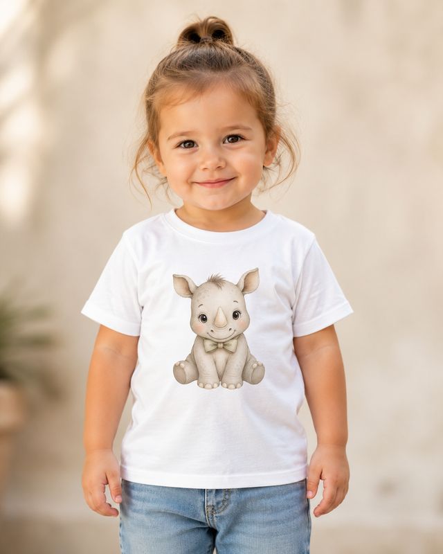 Toddler girl wearing a white baby rhino T-shirt with jeans in a bright neutral product mockup.