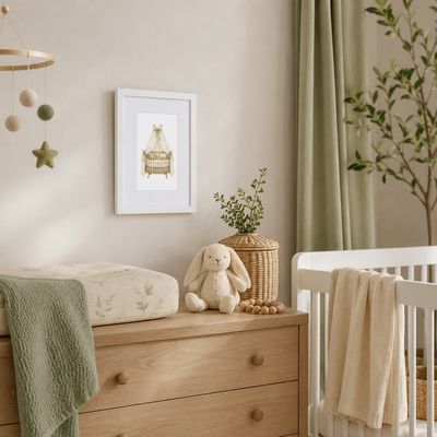 21x30 cm white framed watercolor bassinet art displayed above a changing table in a neutral sage green baby nursery.