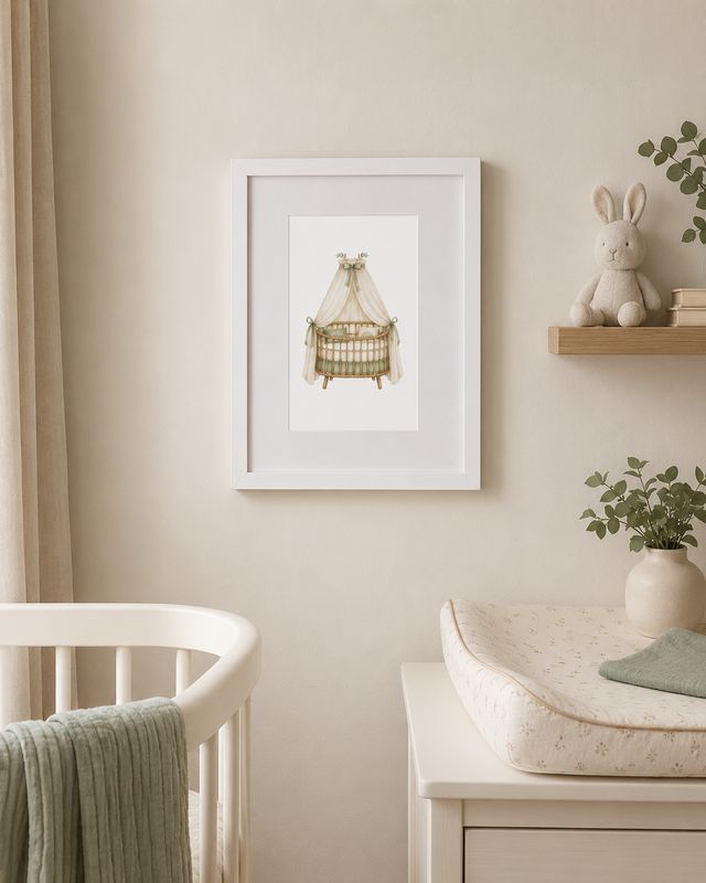 21 x 30 cm framed vintage bassinet nursery print displayed above a crib and changing table in a neutral baby room.