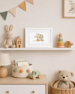 21 × 30 cm framed elephant pull toy print in a neutral baby nursery with wooden toys and plush decor.
