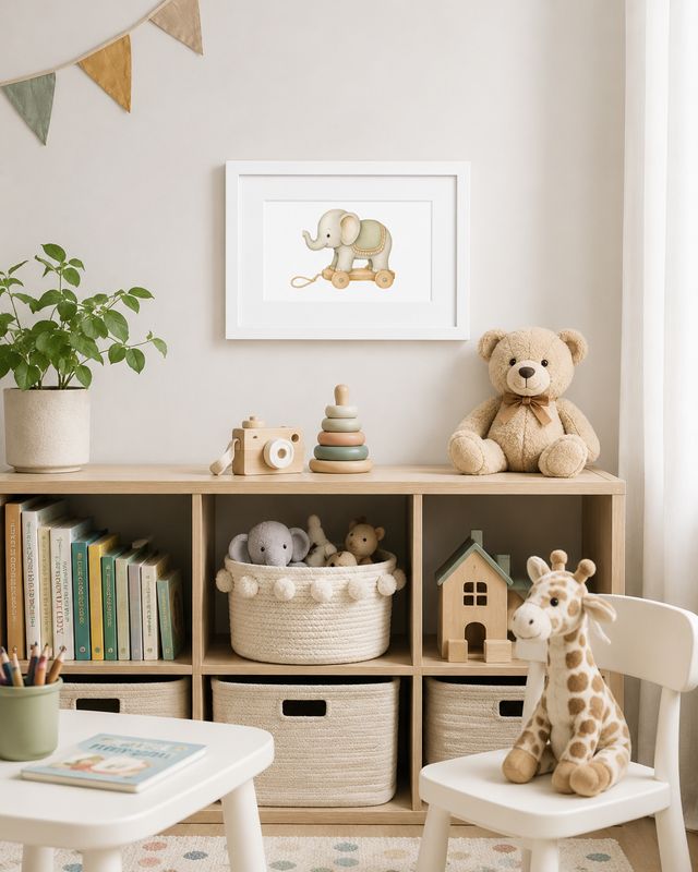 21 × 30 cm framed elephant pull toy wall art in a bright toddler playroom with books, baskets, and toys.