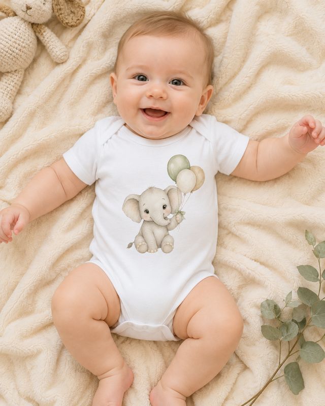 Happy baby wearing a white elephant and balloons bodysuit on a soft cream blanket