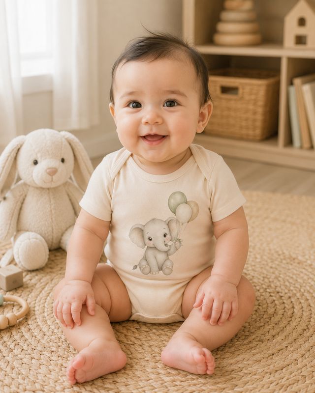 Happy baby wearing a cream elephant and balloons bodysuit while seated on a woven nursery rug.