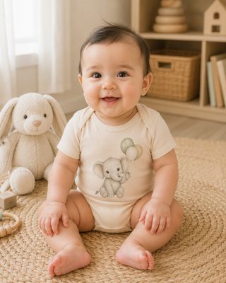 Happy baby wearing a cream elephant and balloons bodysuit while seated on a woven nursery rug.