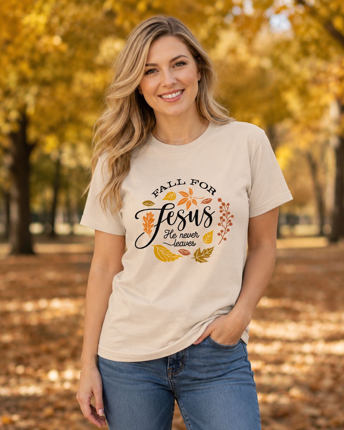 Blonde woman wearing a cream “Fall for Jesus” Christian T-shirt in a golden autumn park.