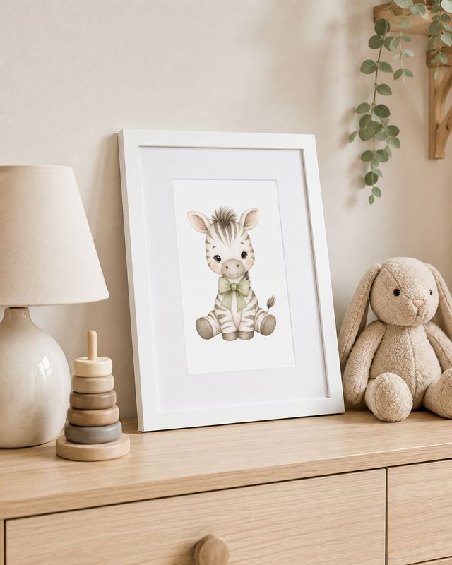 White framed baby zebra print on a nursery dresser with a lamp, stacking toy, and plush bunny.