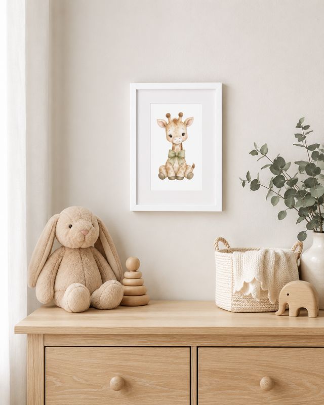 Framed watercolor giraffe print above a nursery dresser with a plush bunny and wooden toys.