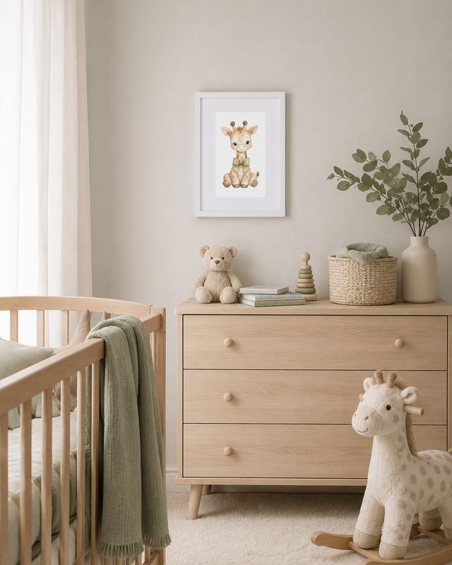 Framed baby giraffe nursery print above a light wood dresser in a neutral baby room.