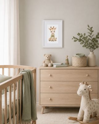 Framed baby giraffe nursery print above a light wood dresser in a neutral baby room.