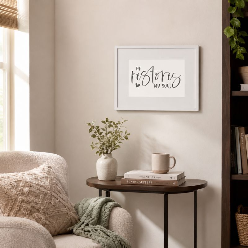 White framed “He Restores My Soul” Christian wall art displayed above a cozy neutral reading nook.
