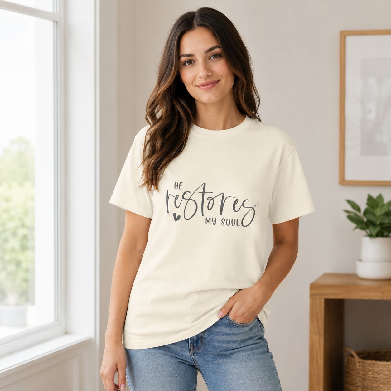 Woman wearing an ivory “He Restores My Soul” Christian T-shirt with jeans in a bright neutral home.