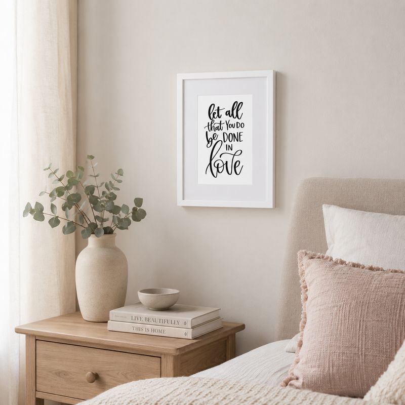21×30 cm white framed Bible verse print, “Let all that you do be done in love,” displayed above a bedroom nightstand.