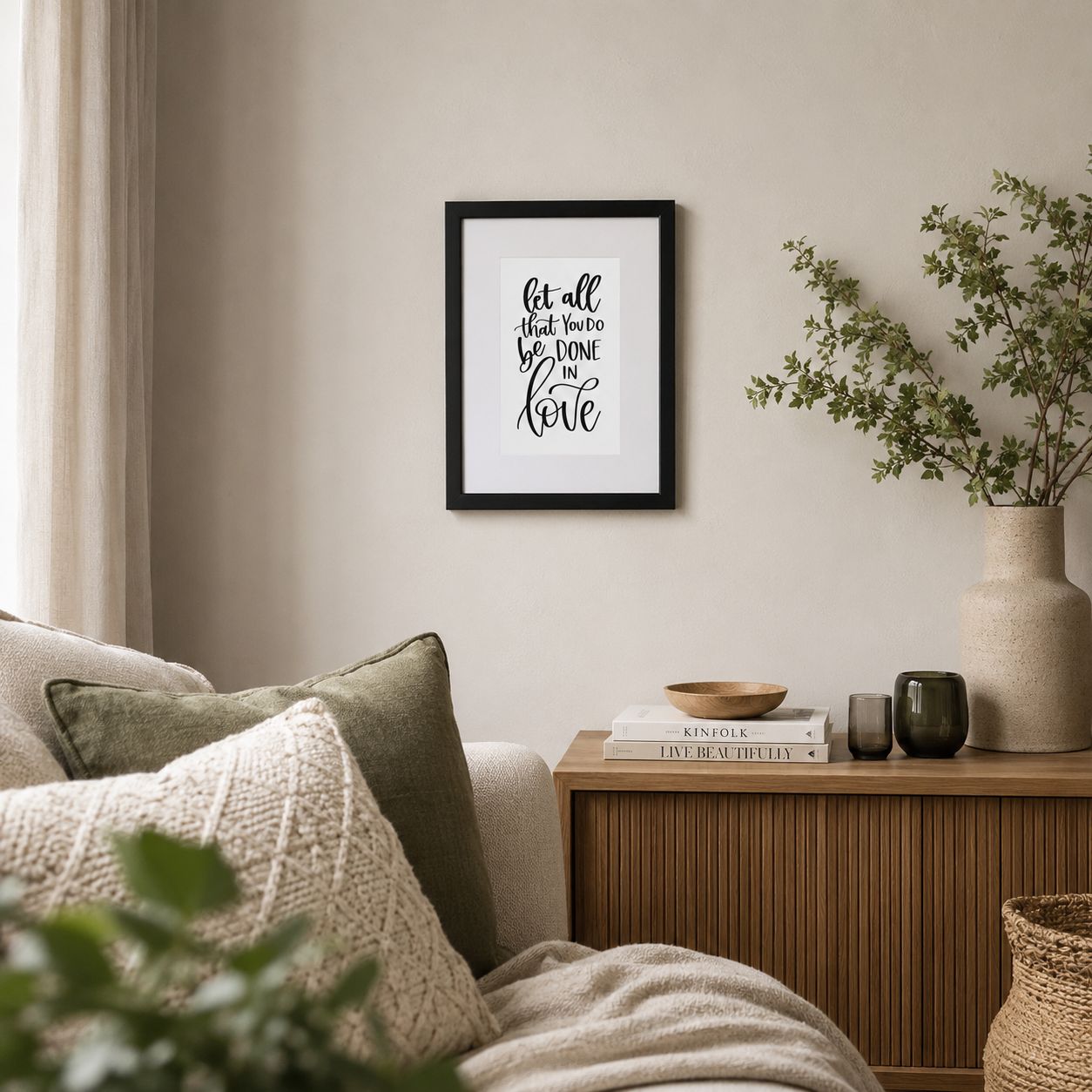 21×30 cm black framed Bible verse print, “Let all that you do be done in love,” styled in a neutral living room.