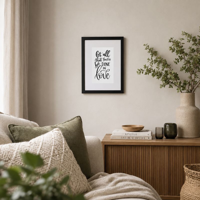 21×30 cm black framed Bible verse print, “Let all that you do be done in love,” styled in a neutral living room.