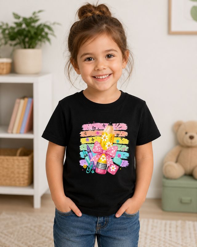 Girl wearing a black kids size 3-4 back-to-school T-shirt with colorful pencil, crayons, pink bow, and rainbow design.