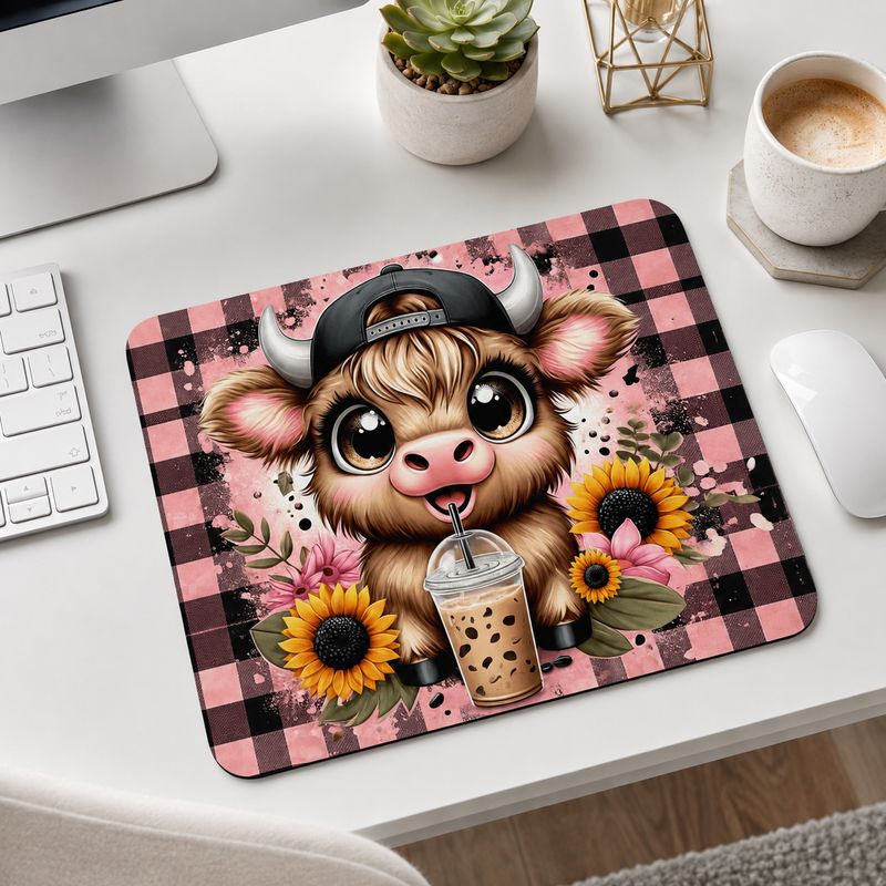 Cute cow and iced coffee mouse pad on a modern white desk with keyboard, wireless mouse, succulent, and coffee.