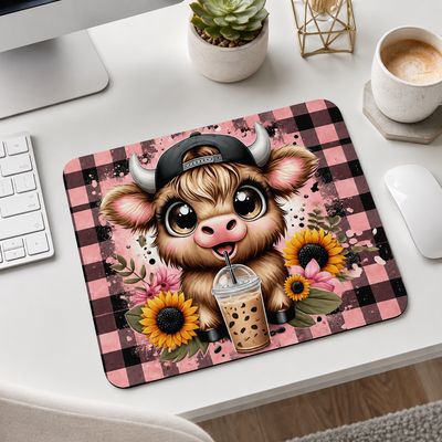 Cute cow and iced coffee mouse pad on a modern white desk with keyboard, wireless mouse, succulent, and coffee.