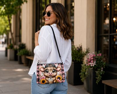 Woman wearing a pink Highland cow crossbody bag with sunflowers and bubble tea artwork on a city sidewalk.