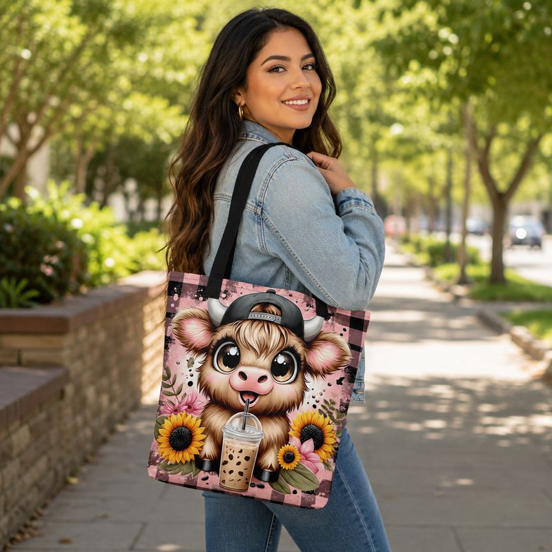 Latina woman wearing a 15-inch Highland cow tote bag with iced coffee, sunflowers, and pink plaid artwork.