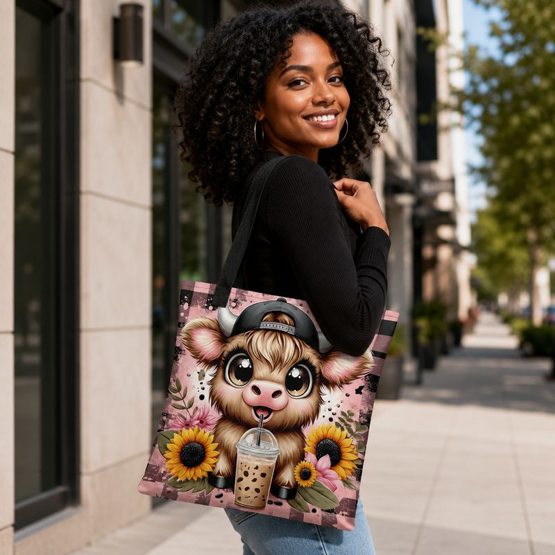 Black woman carrying a 15-inch Highland cow tote bag with iced coffee, sunflowers, and pink plaid design.
