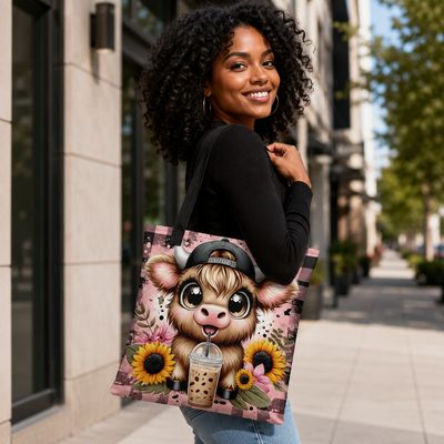 Black woman carrying a 15-inch Highland cow tote bag with iced coffee, sunflowers, and pink plaid design.